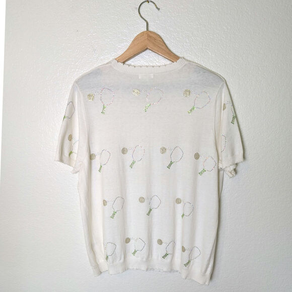 Minnie Rose Cashmere Blend Pickleball Frayed Edge White Sweater Shirt Women Sz L - Picture 2 of 10